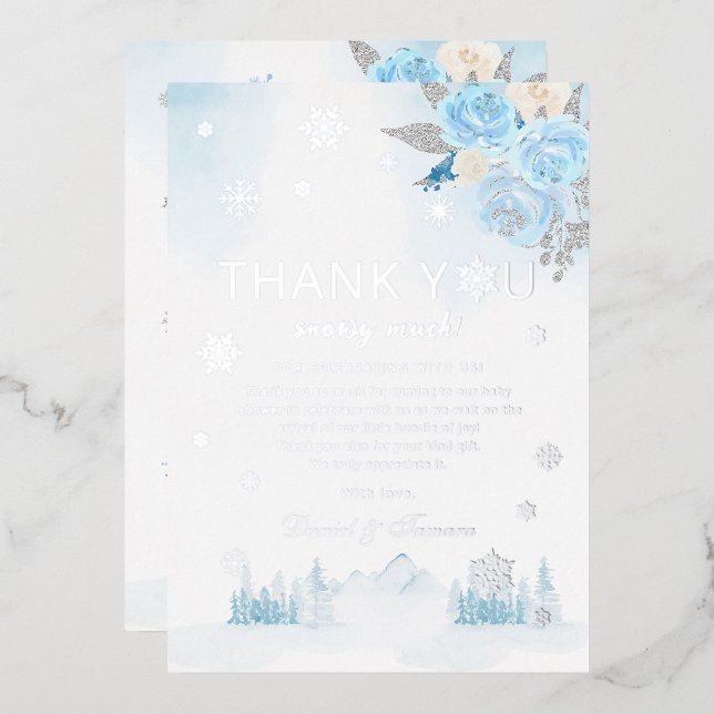 Boho Silver Snowflake Winter Baby Shower Thank You Foil Invitation (Front/Back)