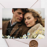 Boho Simple Elegant Wild Flower Wedding Save The Date<br><div class="desc">Boho Simple Elegant Wild Flower Wedding Save the Date,  Beautiful Modern text and Wild Flowers over this full bleed photo card</div>
