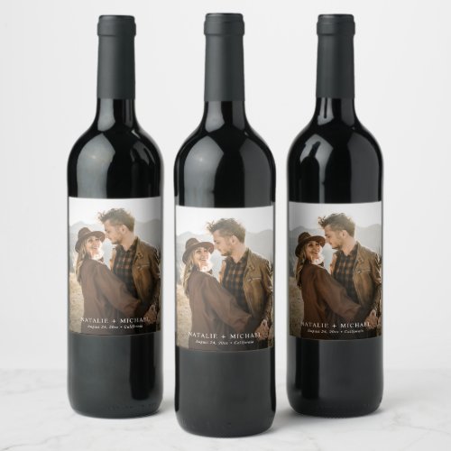 Boho Simple Minimalist Wedding Photo Wine Label