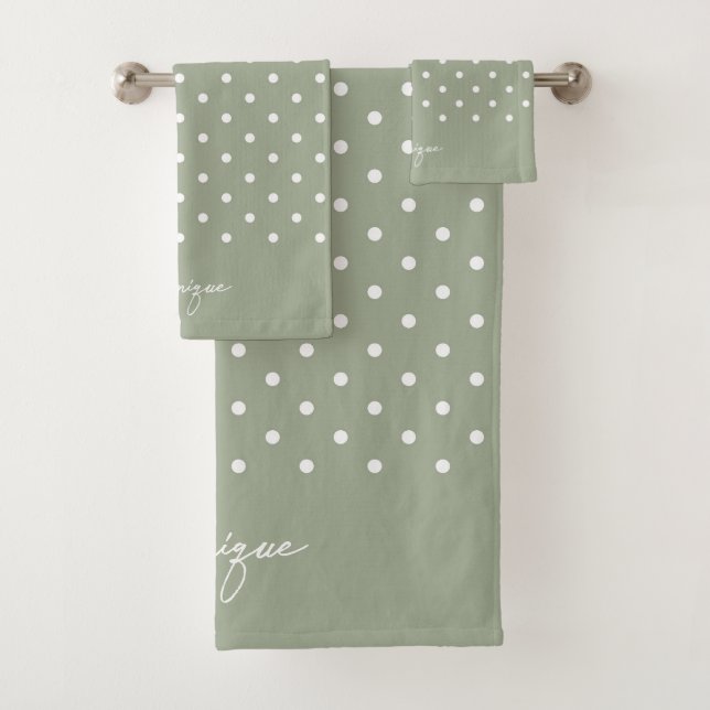 Boho Simple Modern Girly Neutral Polka Dot Sage Bath Towel Set (Insitu)