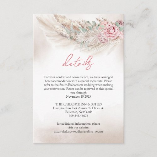 Boho simple pampas and dusty rose wedding Details Enclosure Card