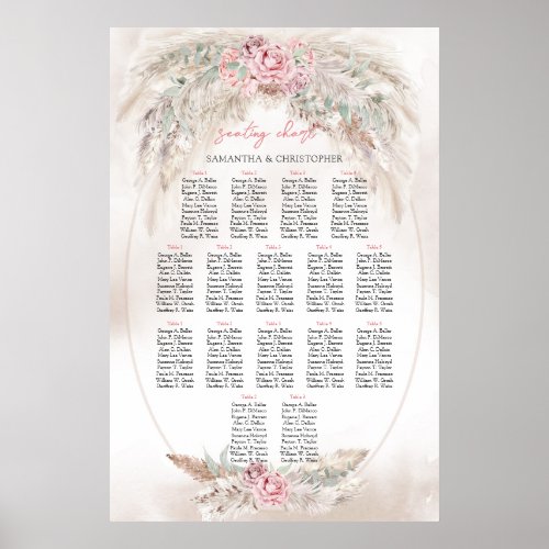 Boho simple pampas and dusty rose wedding seating poster