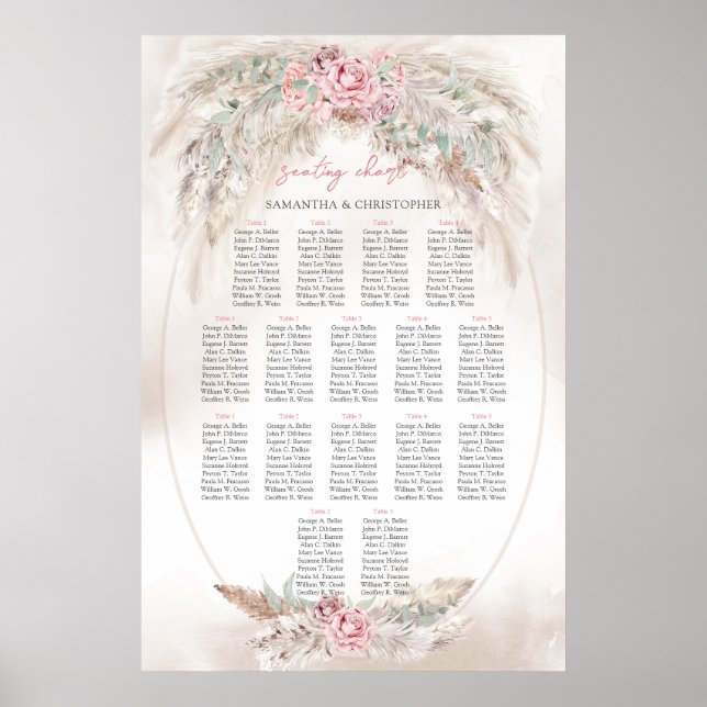 Boho simple pampas and dusty rose wedding seating poster (Front)