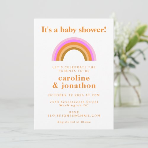Boho Simple Pink Orange Rainbow Couple Baby Shower Invitation