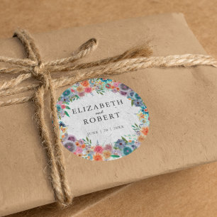 Boho Simple Rustic Wildflower Watercolor Wedding Classic Round Sticker