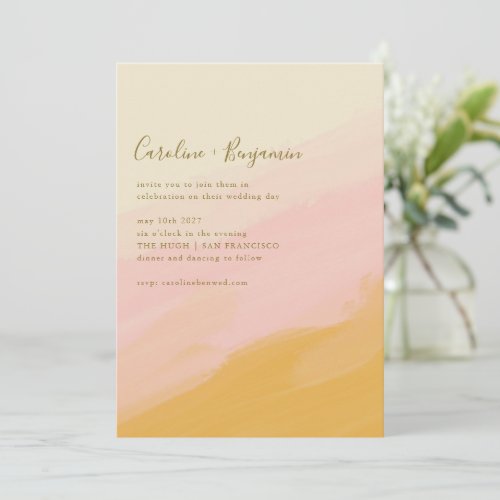 Boho Simple Watercolor Pink Yellow Script Wedding Invitation