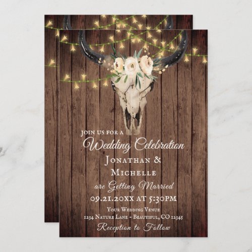 Boho Skull and Lights on Wood All In One Wedding Invitation
