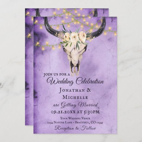 Boho Skull and Lights Purple All In One Wedding Invitation