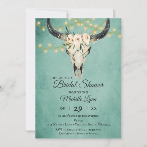 Boho Skull and Lights Turquoise Bridal Shower Invitation