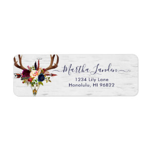 Boho Skull Burgundy Blush Watercolor Flowers Label