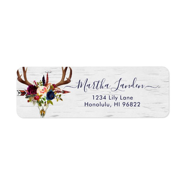 Boho Skull Burgundy Blush Watercolor Flowers Label (Front)
