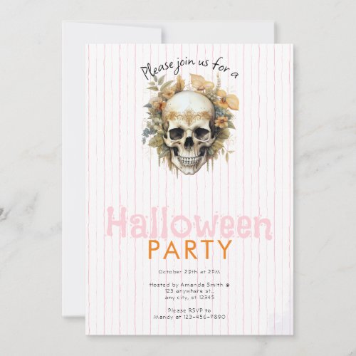 Boho Skull Floral Pink Striped Halloween Party Invitation