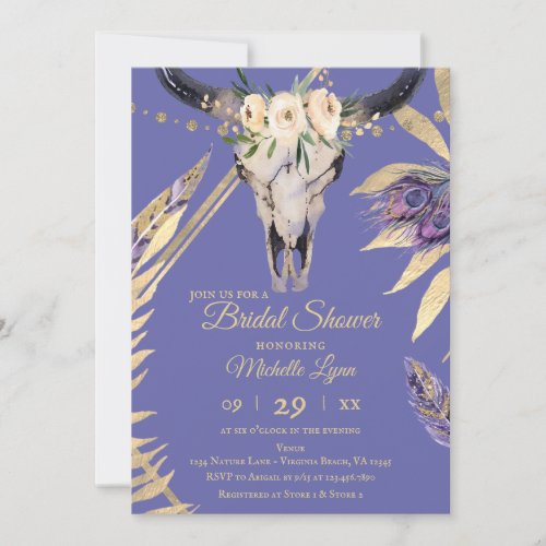 Boho Skull Geometric Periwinkle Gold Bridal Shower Invitation