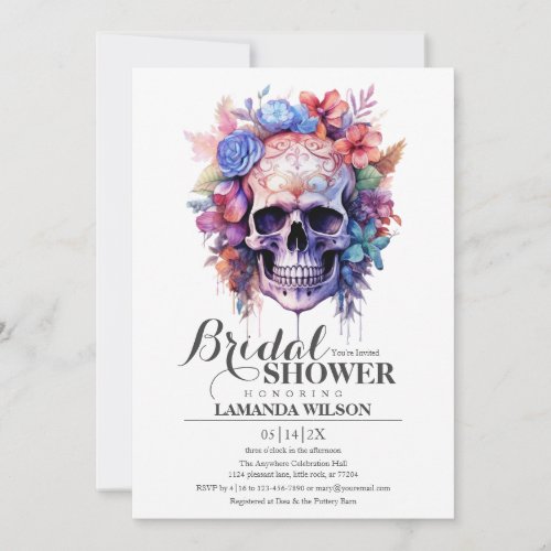 Boho Skull Gothic Watercolor Floral Bridal Shower Invitation