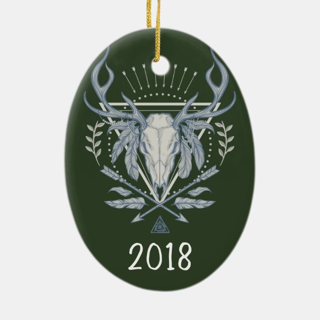 Boho Skull Keepsake Year Ceramic Ornament (Back)