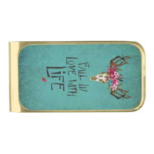 Boho Skull Love Life Gold Finish Money Clip