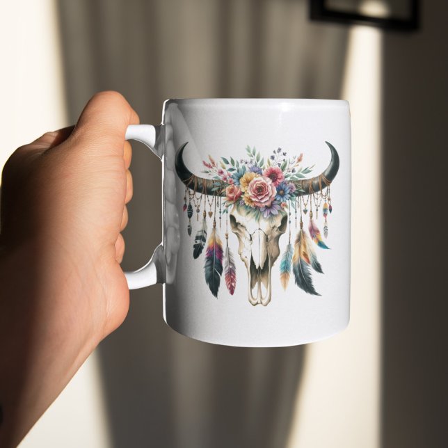 Boho Skull Native American Indian Colorful Feather Coffee Mug (Creator Uploaded)