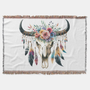 Boho Skull Native American Indian Colorful Feather Throw Blanket