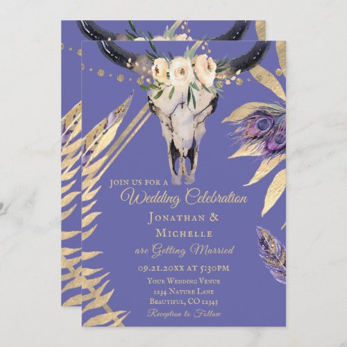 Boho Skull Periwinkle and Gold All In One Wedding Invitation