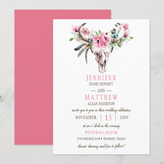 Boho Skull Pink Poppies Wedding Invitation