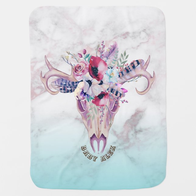 Boho skull & rose-gold marble ombre baby blanket (Front)