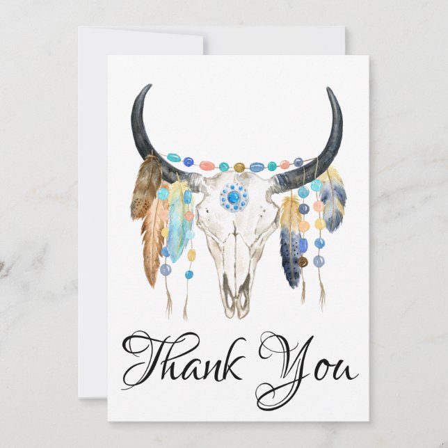 Boho Skull Thank You Flat Card (Front)