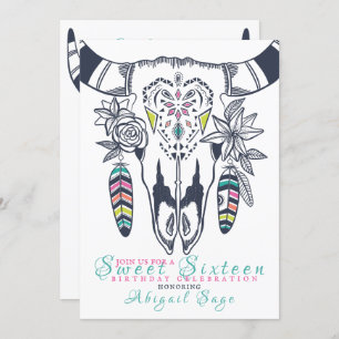 Boho Skull Turquoise n Pink Sweet Sixteen Birthday Invitation