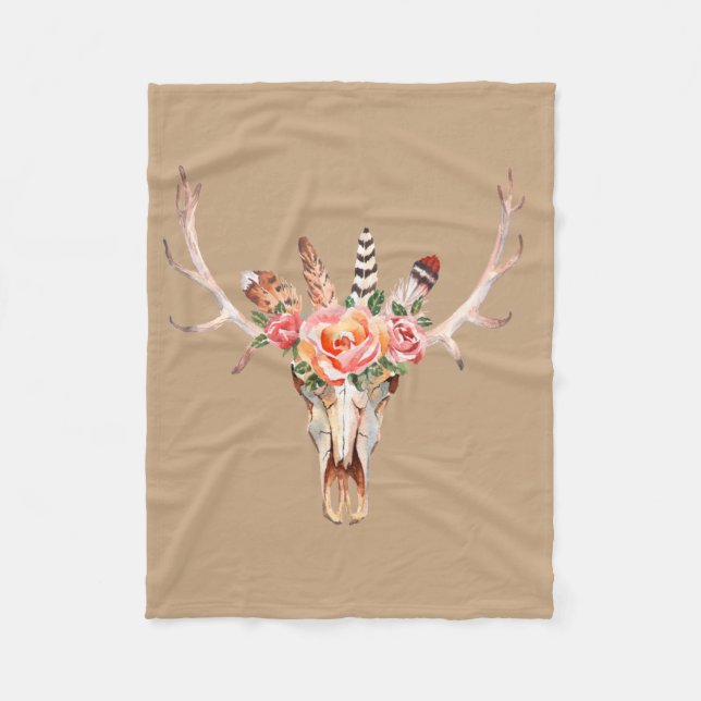 BoHo Skull Watercolor Custom Fleece Blanket (Front)