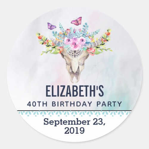 Boho Skull with a Floral Bouquet Save the Date Classic Round Sticker