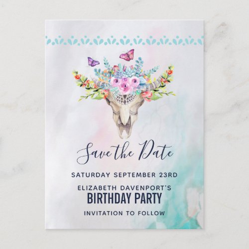 Boho Skull with a Floral Bouquet Save the Date Postcard