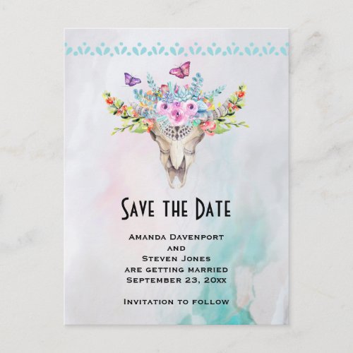 Boho Skull with a Floral Bouquet Save the Date Postcard