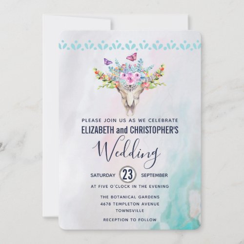 Boho Skull with a Floral Bouquet Wedding Invitation