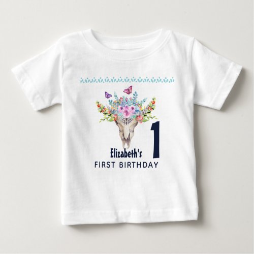 Boho Skull with Butterflies and Flowers Birthday Baby T_Shirt