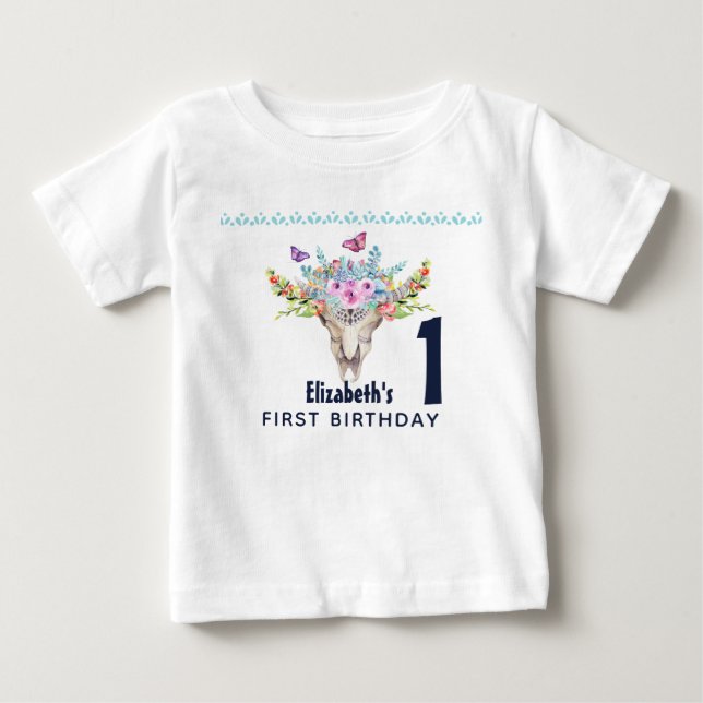 Boho Skull with Butterflies and Flowers Birthday Baby T-Shirt (Front)
