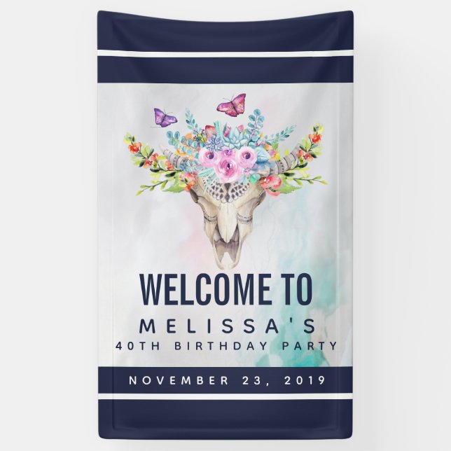 Boho Skull with Butterflies and Flowers Birthday Banner (Vertical)