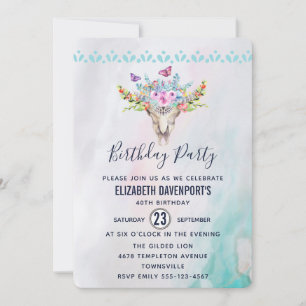 Boho Skull with Butterflies and Flowers Birthday Invitation