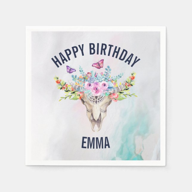Boho Skull with Butterflies and Flowers Birthday Napkins (Front)