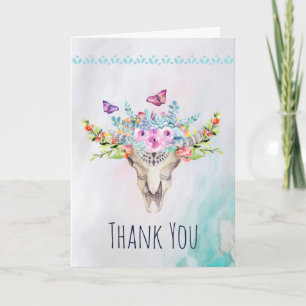 Boho Skull with Butterflies and Flowers Thank You Card