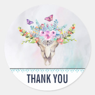 Boho Skull with Butterflies and Flowers Thank You Classic Round Sticker