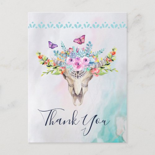 Boho Skull with Butterflies and Flowers Thank You Postcard