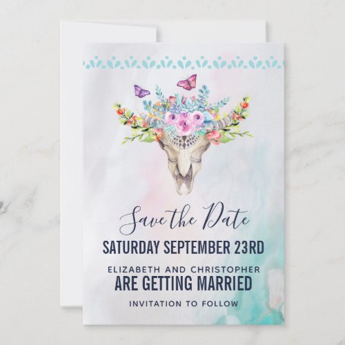 Boho Skull with Floral Bouquet Wedding Save The Date