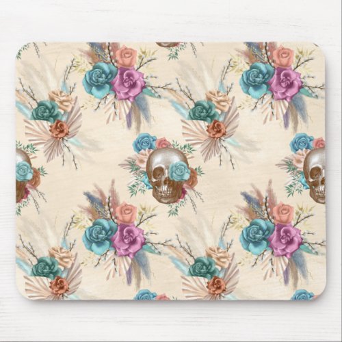 Boho Skull with Flowers Mouse Pad