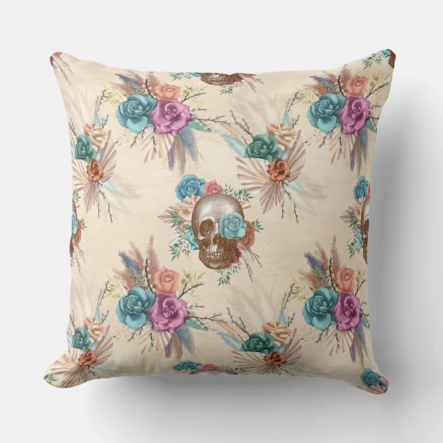 Boho Skull with Flowers Throw Pillow (Front)