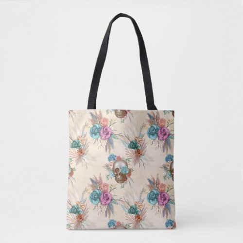 Boho Skull with Flowers Tote Bag