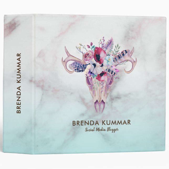 Boho Skull With Rose-gold Faux Marble Ombre 3 Ring Binder (Front/Spine)