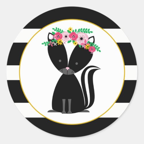 Boho Skunk Black  White Stripe Baby Shower Classic Round Sticker