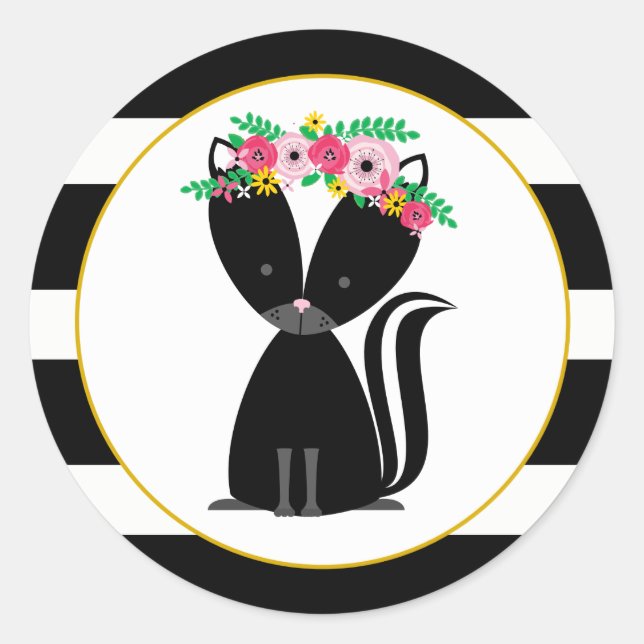 Boho Skunk Black + White Stripe Baby Shower Classic Round Sticker (Front)