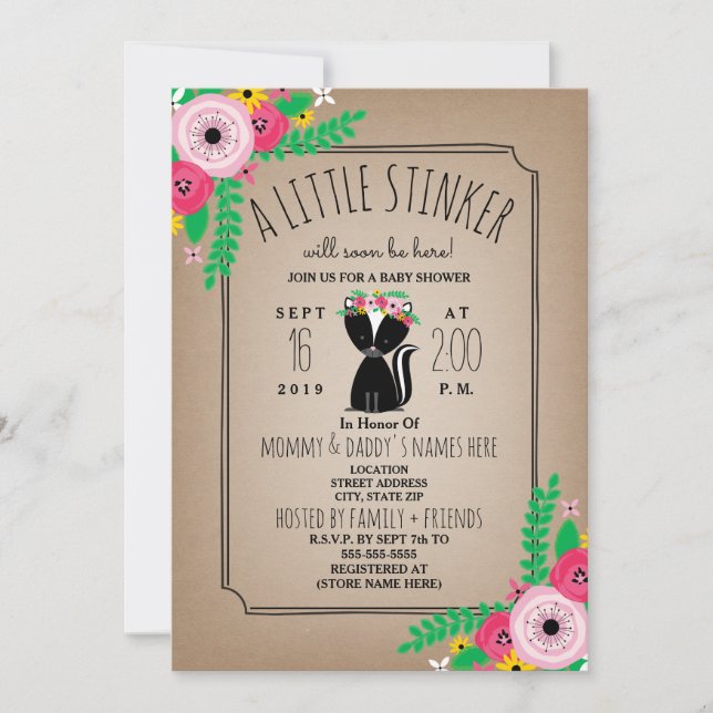 Boho Skunk Floral Cardstock Inspired Baby Shower Invitation (Front)