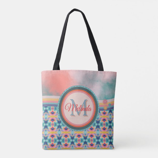 Boho Sky Teal, Orange & Pink Pattern  Tote Bag (Back)
