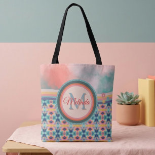 Boho Sky Teal, Orange & Pink Pattern Tote Bag